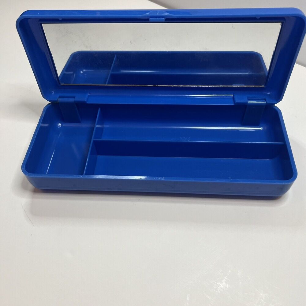 Vintage 90s Pencil Holder Hard Case Blue Mirror Art Craft Supplies 9X3 Office